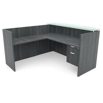 gray l-shaped receptionist desk with glass counter